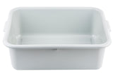 A rectangular, light gray plastic tote box with a smooth interior and rounded edges. Featuring small handles on each end, the stackable tub has slightly flared sides and is dishwasher safe. It's empty and set against a plain white background.