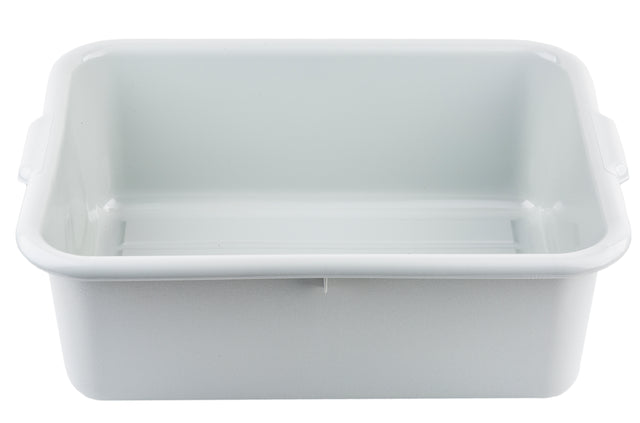 A rectangular, light gray plastic tote box with a smooth interior and rounded edges. Featuring small handles on each end, the stackable tub has slightly flared sides and is dishwasher safe. It's empty and set against a plain white background.