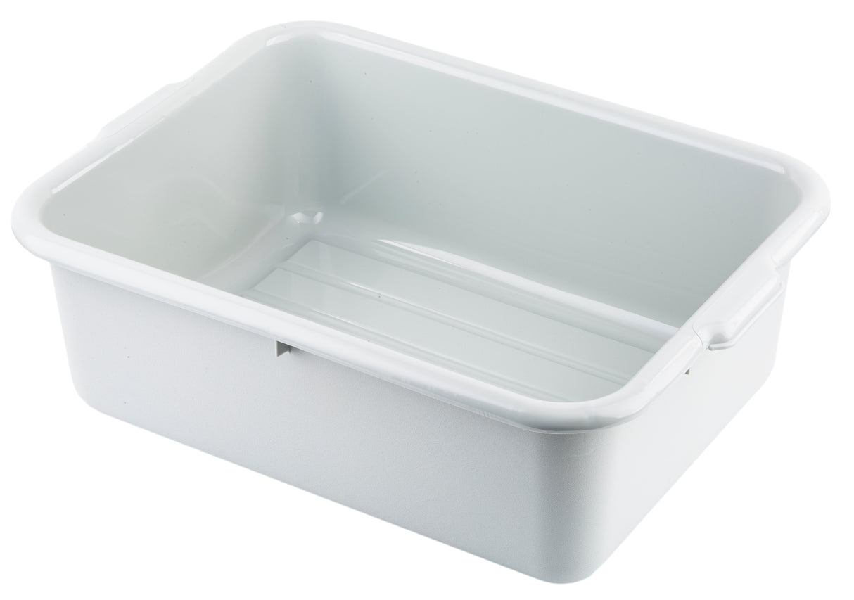 A rectangular white plastic tote box with slightly rounded corners and smooth sides. This stackable bin features two small handles, a glossy finish, shallow depth, and subtle grooves on its flat bottom. The background is plain white.
