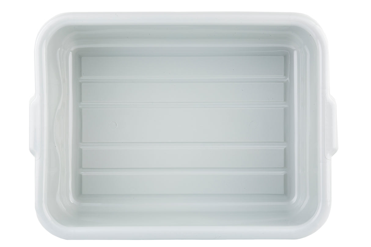 A rectangular, white plastic tote box with rounded edges is shown from above. The interior has three raised horizontal ridges, and small handles are visible on the shorter sides. This stackable bin's surface appears clean and smooth.
