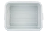 A rectangular, white plastic tote box with rounded edges is shown from above. The interior has three raised horizontal ridges, and small handles are visible on the shorter sides. This stackable bin's surface appears clean and smooth.