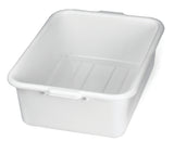 A white, rectangular plastic tote box with smooth sides and rounded corners sits empty on a white background. The tub is stackable, features a small lip around the top edge, and indented lines on the interior bottom.