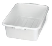 A white, rectangular plastic tote box with smooth sides and rounded corners sits empty on a white background. The tub is stackable, features a small lip around the top edge, and indented lines on the interior bottom.
