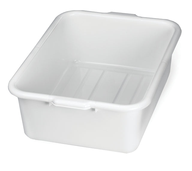 A white, rectangular plastic tote box with smooth sides and rounded corners sits empty on a white background. The tub is stackable, features a small lip around the top edge, and indented lines on the interior bottom.