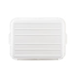 A white, rectangular plastic tote box lid with rounded corners and raised horizontal ridges, photographed against a plain white background. The lid’s edges have small curved tabs for easy gripping and it is stackable for convenient storage.