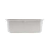A plain, rectangular, white plastic tote box is shown from the side against a white background. The container has smooth edges, slightly curved corners, no visible markings or designs, and is both stackable and dishwasher safe.