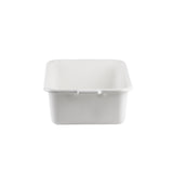 A plain white rectangular tote box with rounded edges and a small handle in the center of the front side, photographed against a white background. The stackable tub appears empty and clean.