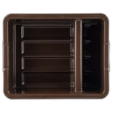 A heavy duty rectangular brown plastic food tray with two compartments—one large, one narrow—features raised edges and grooves separating each section. This dishwasher safe tray is designed for reliable everyday use.
