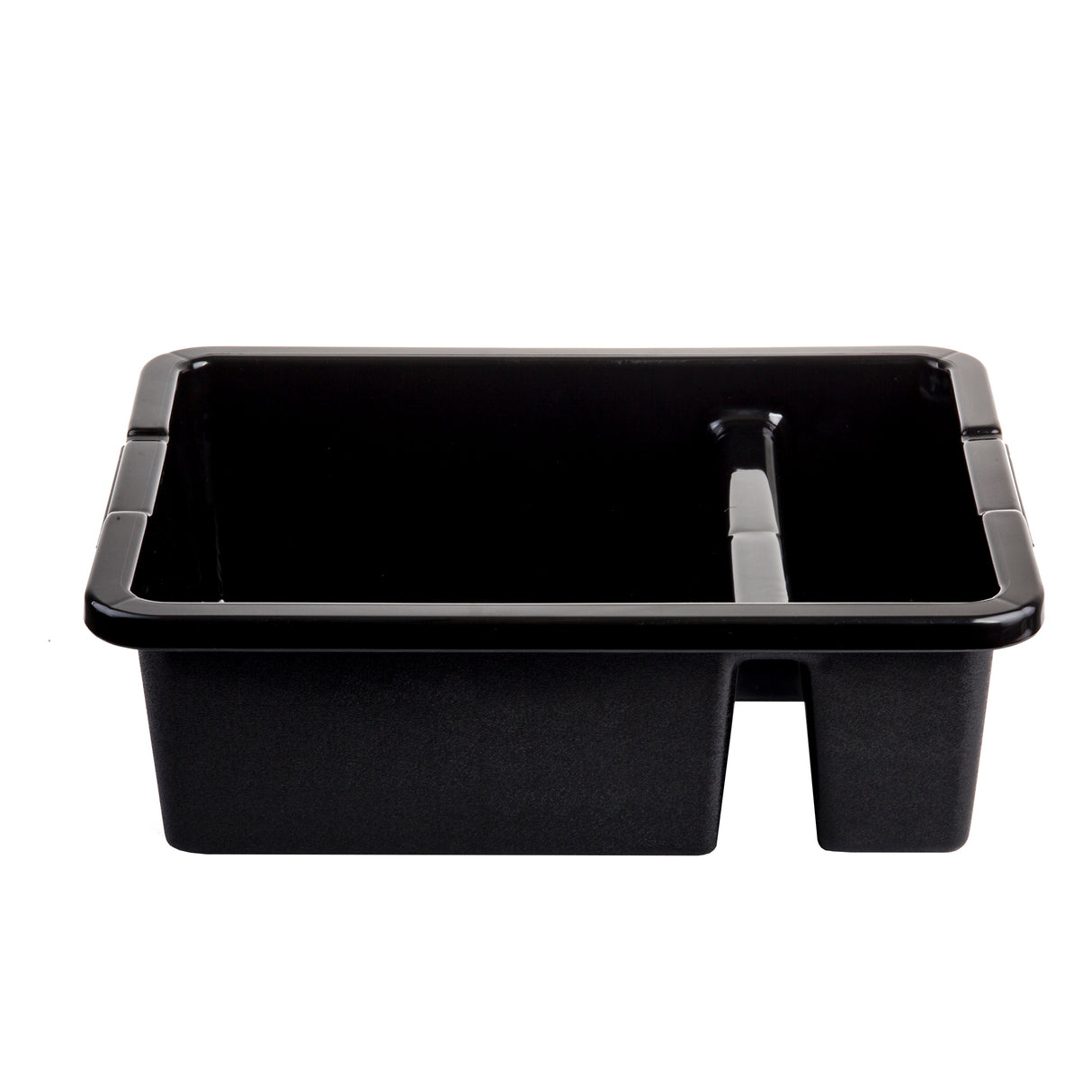 A rectangular, black plastic tote box with high sides, rounded corners, and a slight notch on one side. The heavy duty bin features a smooth, empty interior and is photographed against a white background.