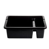 A rectangular, black plastic tote box with high sides, rounded corners, and a slight notch on one side. The heavy duty bin features a smooth, empty interior and is photographed against a white background.