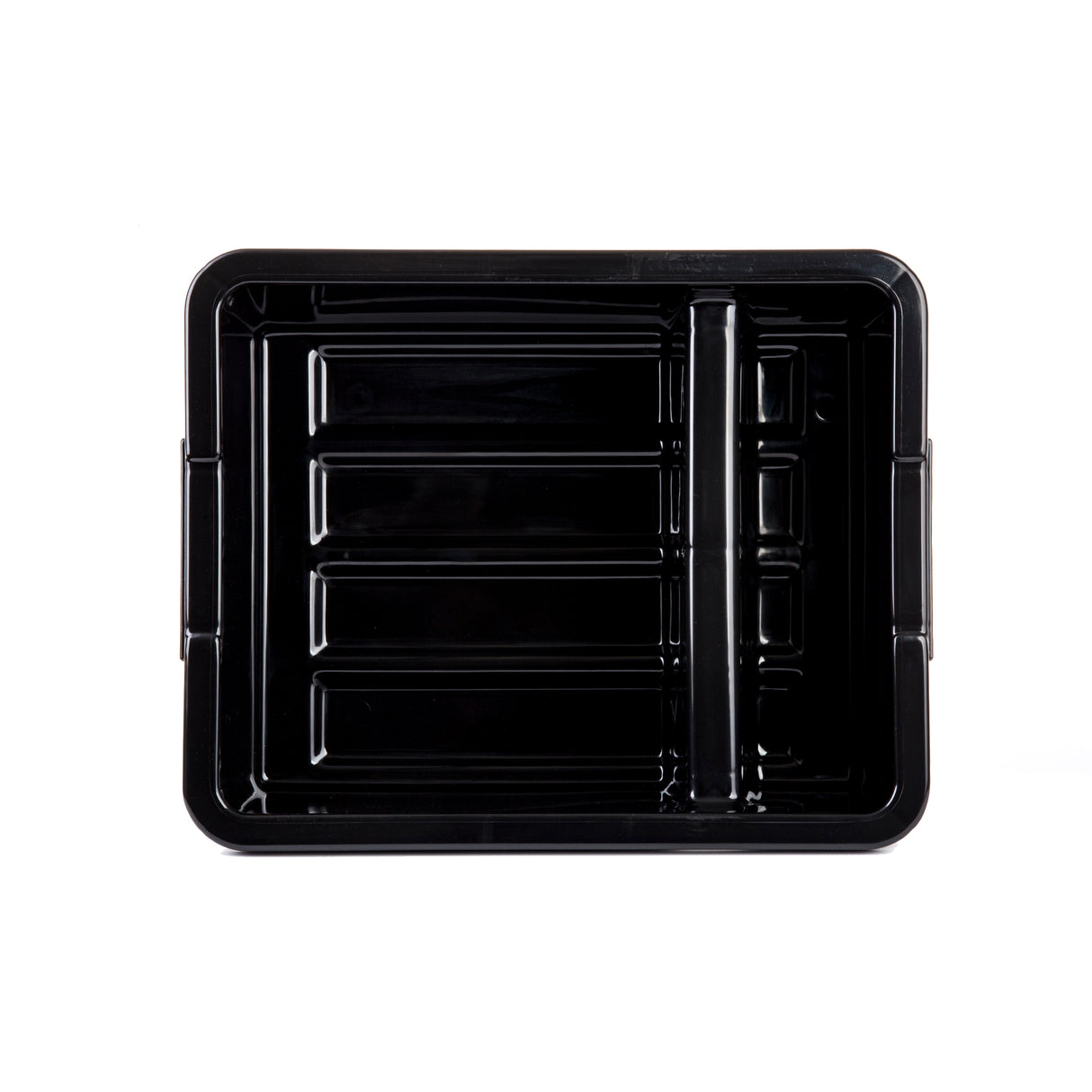 A heavy duty black plastic food container with a divided section on the right side. The rectangular container has raised ridges along the bottom and slightly rounded edges, photographed from above on a white background.