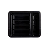 A heavy duty black plastic food container with a divided section on the right side. The rectangular container has raised ridges along the bottom and slightly rounded edges, photographed from above on a white background.