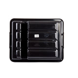 A black rectangular heavy duty plastic food tray with multiple compartments, photographed from above on a white background. The tray has a white barcode sticker in the center compartment and raised ridges dividing the sections.