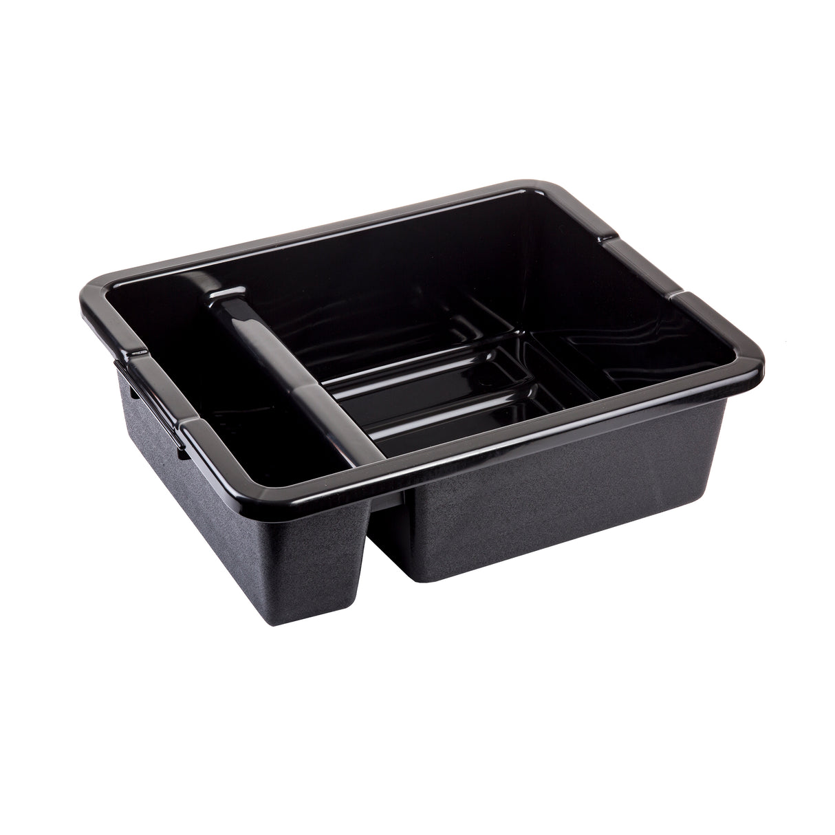 A black plastic tote box with a rectangular shape, divided into two compartments by a vertical divider. The sides are slightly tapered and the thick, reinforced rim makes it heavy duty—ideal for carrying dishes or supplies. Interior is smooth and glossy.
