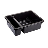 A black plastic tote box with a rectangular shape, divided into two compartments by a vertical divider. The sides are slightly tapered and the thick, reinforced rim makes it heavy duty—ideal for carrying dishes or supplies. Interior is smooth and glossy.