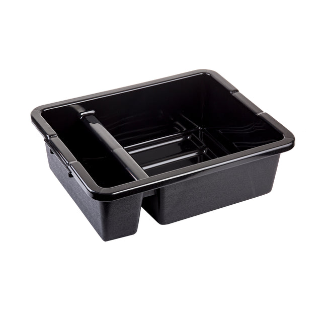 A black plastic tote box with a rectangular shape, divided into two compartments by a vertical divider. The sides are slightly tapered and the thick, reinforced rim makes it heavy duty—ideal for carrying dishes or supplies. Interior is smooth and glossy.