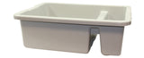 A large, rectangular, heavy duty gray plastic utility sink or tub with high sides and a deep basin. The front features a U-shaped cutout at the bottom for easy plumbing access. The surface is smooth and slightly textured.