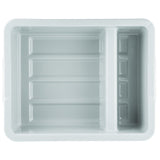 A rectangular, light gray plastic tray with raised edges. This heavy duty, dishwasher safe tray has two sections: a large main compartment on the left and a smaller divided section on the right with multiple rectangular slots. The surface is smooth and glossy.