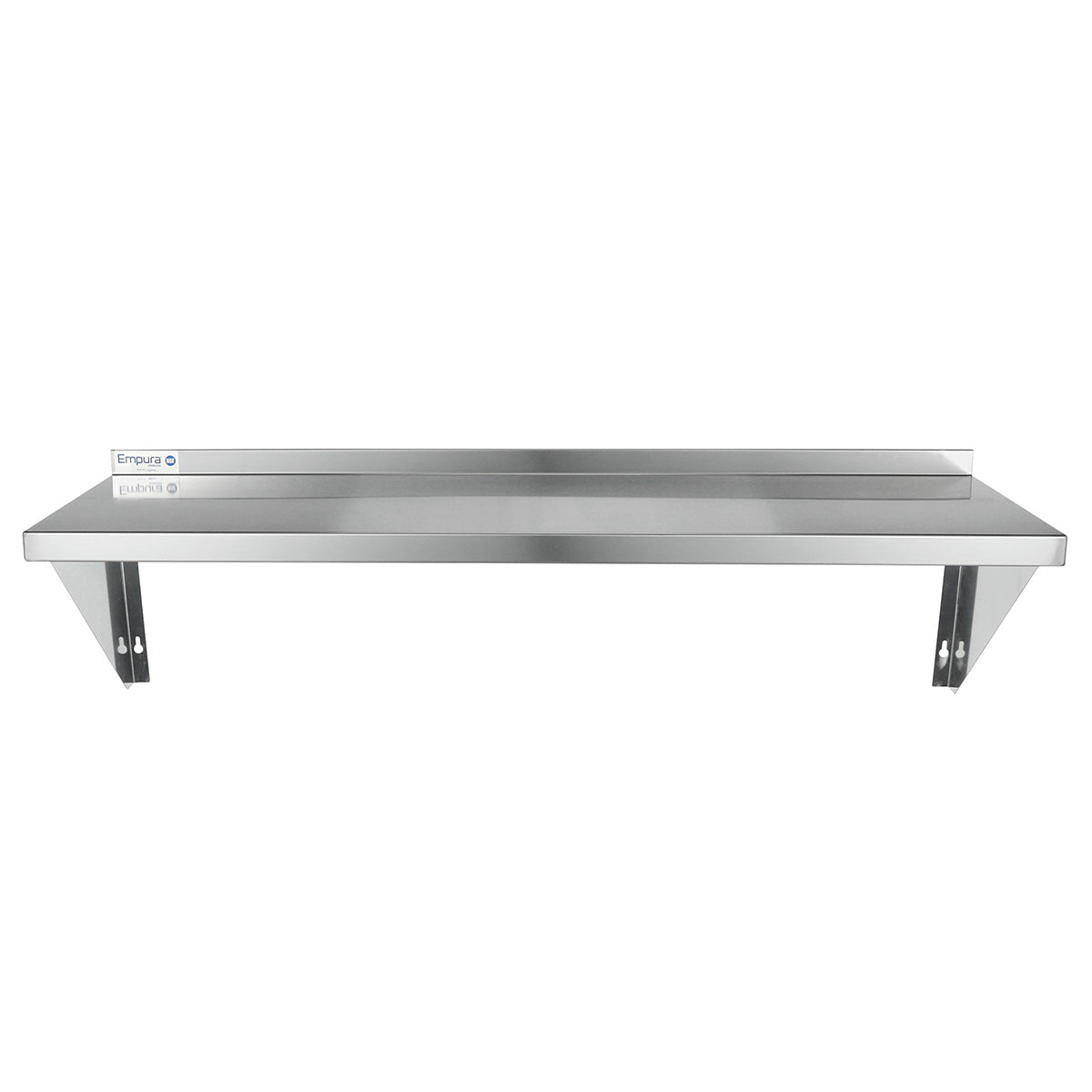 A stainless steel wall-mounted shelf with two triangular brackets underneath for support. This NSF stainless steel shelf features a small rear backsplash and smooth surface, ideal as a wall mount storage shelf in kitchens or commercial settings. Brand logo on backsplash.