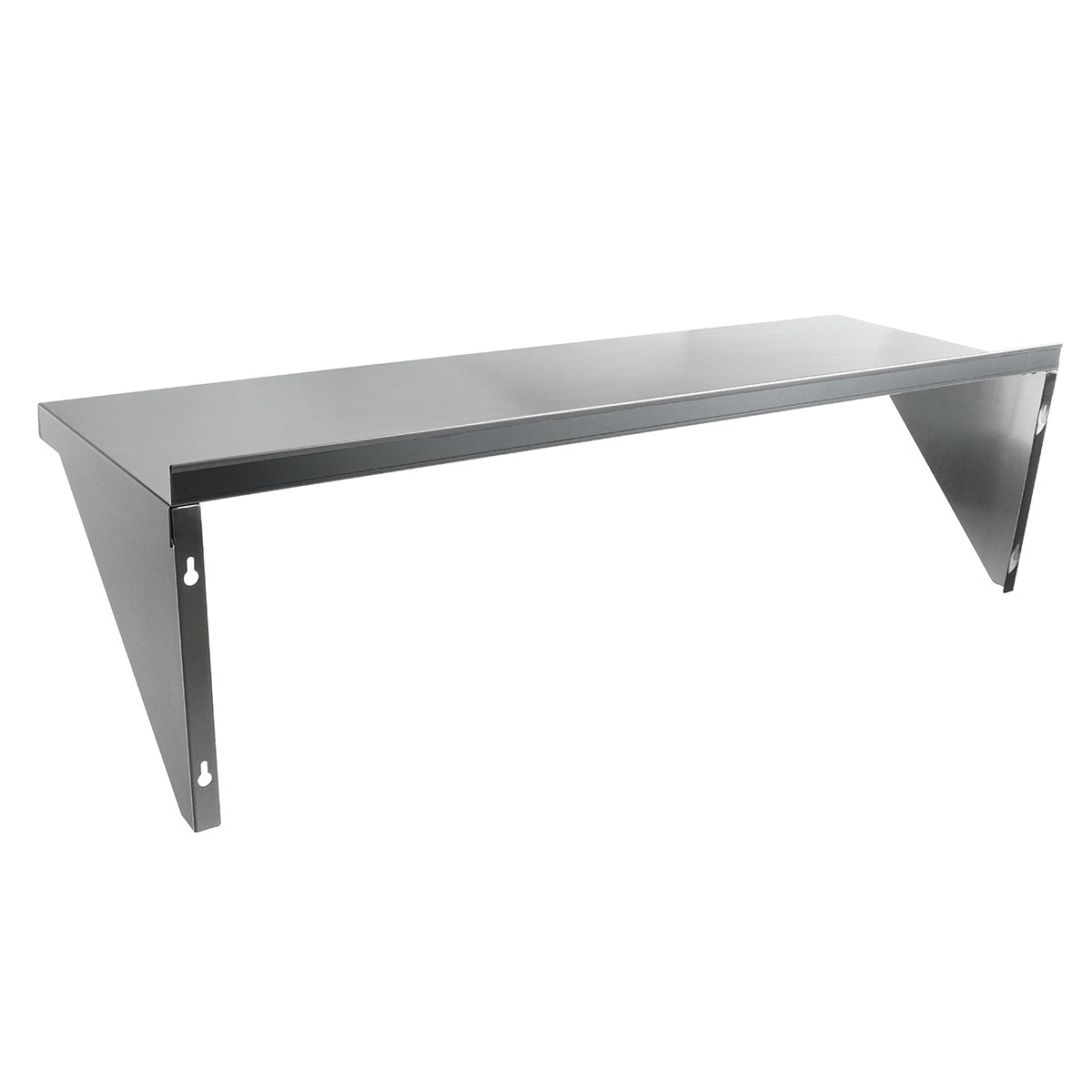A metallic NSF stainless steel wall mount storage shelf features a flat rectangular surface and two angled triangular brackets with holes for mounting screws. The shelf is silver with a smooth, reflective finish.