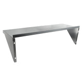A metallic NSF stainless steel wall mount storage shelf features a flat rectangular surface and two angled triangular brackets with holes for mounting screws. The shelf is silver with a smooth, reflective finish.