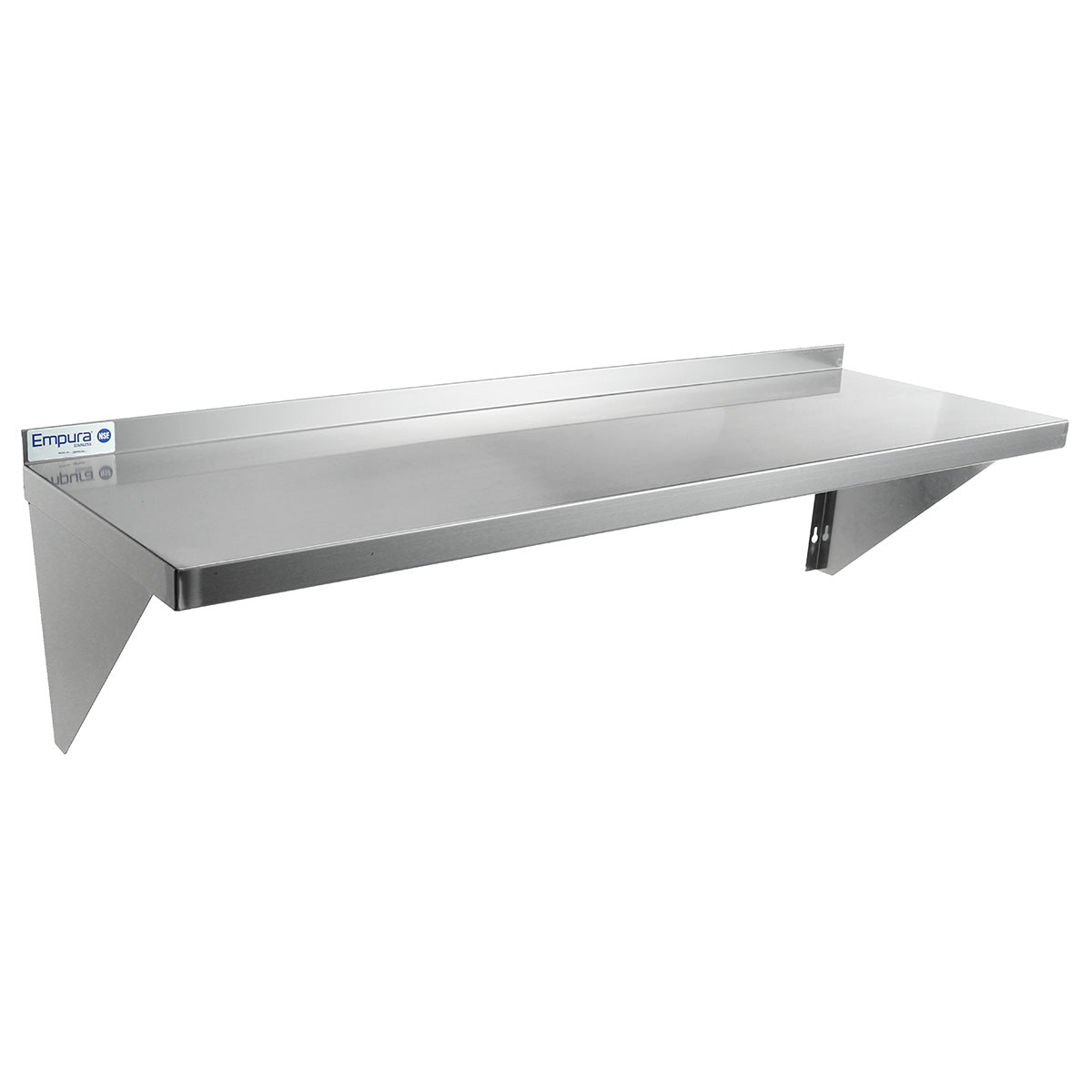 A stainless steel shelf with NSF certification, this wall mount storage shelf features a flat, smooth surface and angled support brackets. The raised back edge prevents items from falling, perfect for kitchens or commercial spaces.