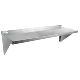A stainless steel shelf with NSF certification, this wall mount storage shelf features a flat, smooth surface and angled support brackets. The raised back edge prevents items from falling, perfect for kitchens or commercial spaces.