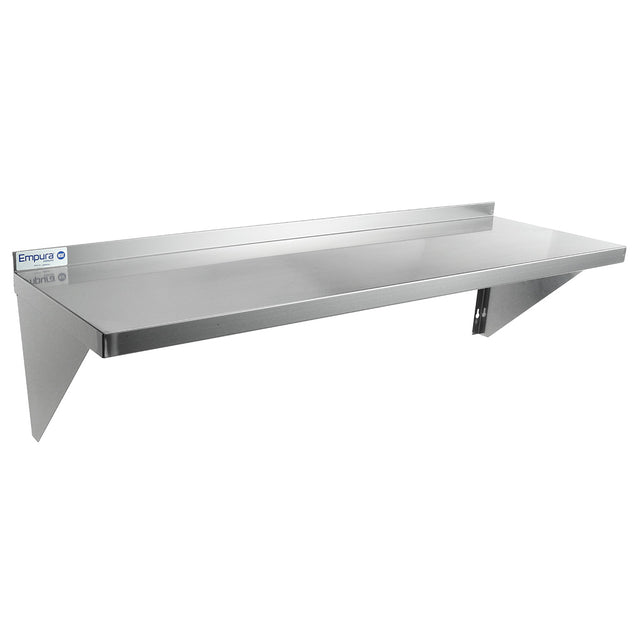 A stainless steel shelf with NSF certification, this wall mount storage shelf features a flat, smooth surface and angled support brackets. The raised back edge prevents items from falling, perfect for kitchens or commercial spaces.