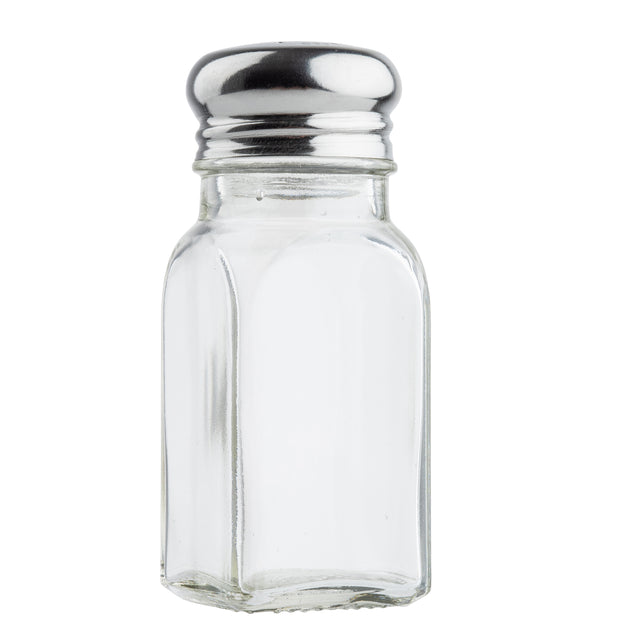 A clear glass shaker with a square base and a shiny stainless steel top is shown against a plain white background. The salt pepper shaker is empty, with no contents visible inside.