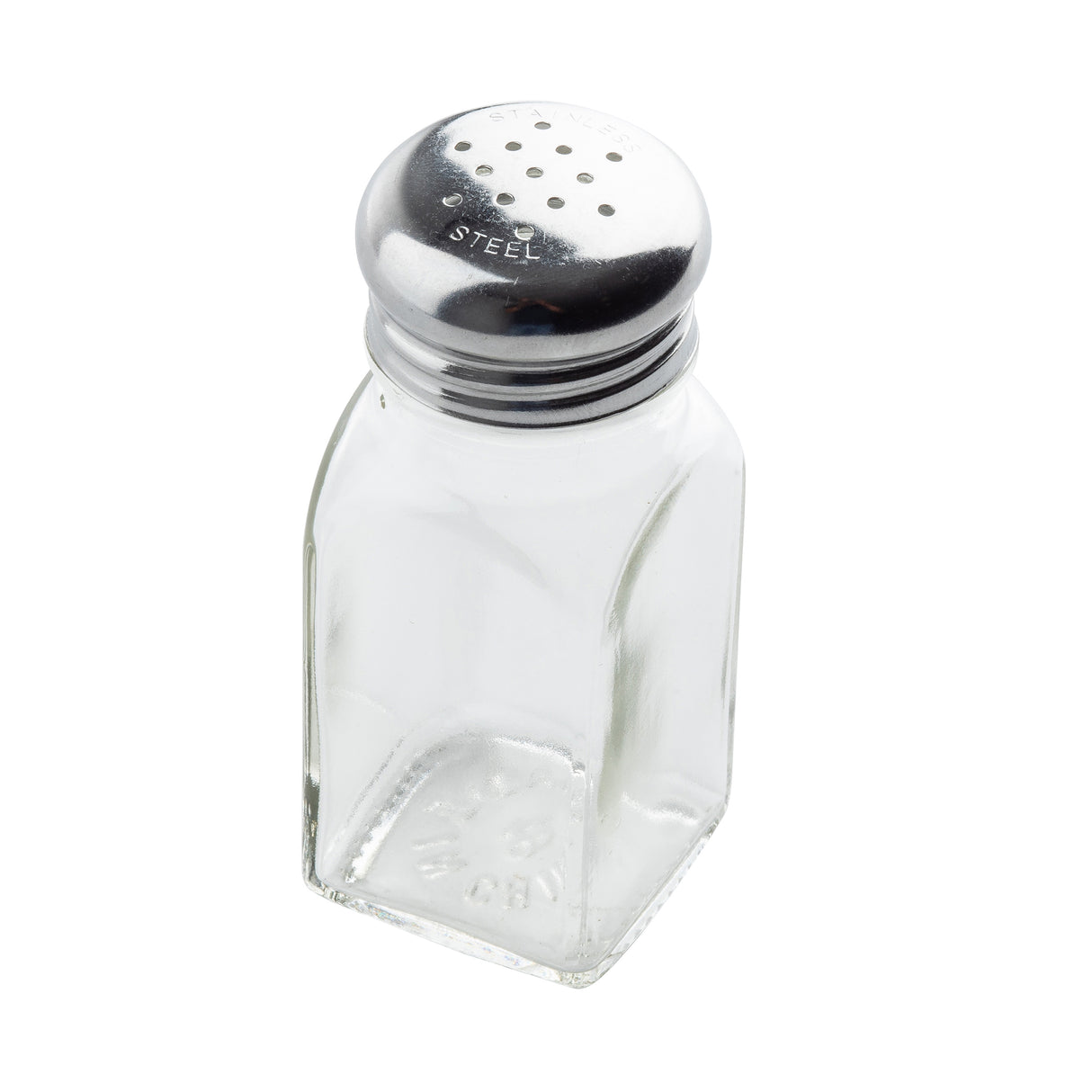 A clear, square glass shaker with a stainless steel top is seen from above at an angle. The empty salt pepper shaker reveals embossed numbers on its base and rests on a white background.