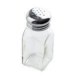 A clear, square glass shaker with a stainless steel top is seen from above at an angle. The empty salt pepper shaker reveals embossed numbers on its base and rests on a white background.
