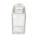 A clear, empty, square soda lime glass jar is shown from a top angle, with its threaded neck open. The bottom displays embossed text and symbols. Ideal for Salt & Pepper Shakers, this TableCraft Products jar sits against a plain white background.