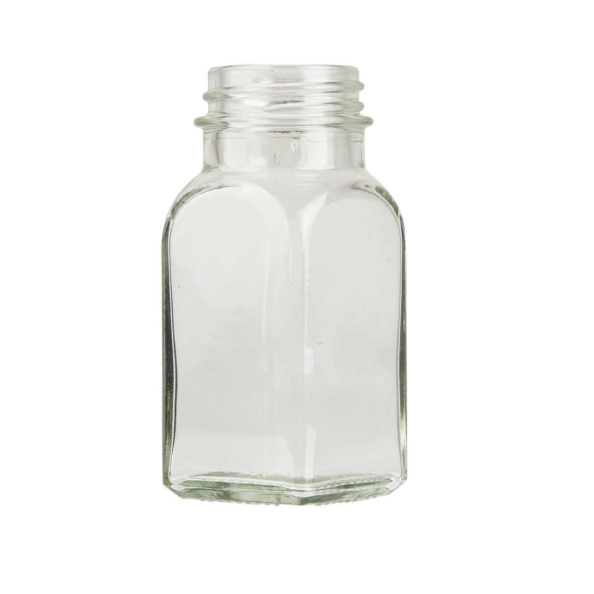 A clear, empty, square soda lime glass jar with a wide, threaded neck for a lid, shown upright on a white background. The transparent jar from TableCraft Products has smooth edges and no label or markings visible—ideal for Salt & Pepper Shakers.