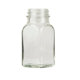 A clear, empty, square soda lime glass jar with a wide, threaded neck for a lid, shown upright on a white background. The transparent jar from TableCraft Products has smooth edges and no label or markings visible—ideal for Salt & Pepper Shakers.