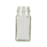 A clear, empty glass jar made from soda lime glass with a square base and screw-top opening is shown upright against a plain white background. The jar is clean and transparent, perfect for use as Salt & Pepper Shakers from TableCraft Products.