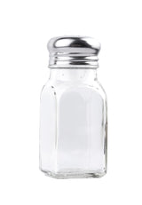 A clear glass salt shaker with a stainless steel top, shown empty and upright against a plain white background. The bottle features flat sides and rounded edges, capturing the timeless design of classic glass shakers for salt and pepper.
