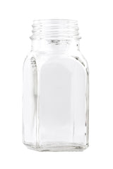 A clear, empty glass jar with a wide mouth and a screw-top rim, reminiscent of classic salt and pepper shakers. The square-shaped jar has rounded edges and reflective surfaces, shown against a plain white background.