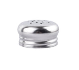 A shiny, metallic salt and pepper shakers lid with a rounded, stainless steel top and multiple small holes for dispensing, photographed against a plain white background. The base is ridged for screwing onto glass shakers.