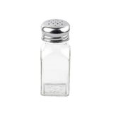 A clear glass shaker with a square shape and a stainless steel top featuring several small holes sits upright on a white background. The empty glass, part of classic salt and pepper shakers, has an embossed floral pattern near the base.