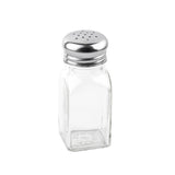 A clear, square glass shaker with a stainless steel top featuring multiple small holes. This empty salt and pepper shaker is shown against a plain white background, highlighting the classic design of quality glass shakers.