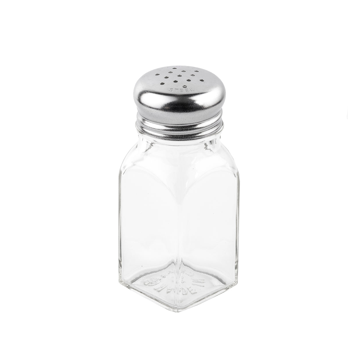 A clear, empty glass shaker with a square shape and a stainless steel top featuring multiple small holes, set against a plain white background—an ideal addition to your salt and pepper shakers collection.