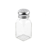 A clear, empty glass shaker with a square shape and a stainless steel top featuring multiple small holes, set against a plain white background—an ideal addition to your salt and pepper shakers collection.