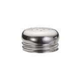 A shiny, stainless steel shaker lid with several small holes on top. This round, smooth-edged replacement shaker top has a threaded bottom to screw onto a matching container for dispensing salt, pepper, or spices. Photographed against a white background.