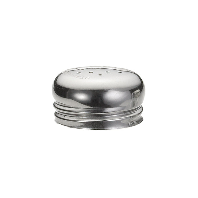 A shiny, stainless steel shaker lid with several small holes on top. This round, smooth-edged replacement shaker top has a threaded bottom to screw onto a matching container for dispensing salt, pepper, or spices. Photographed against a white background.