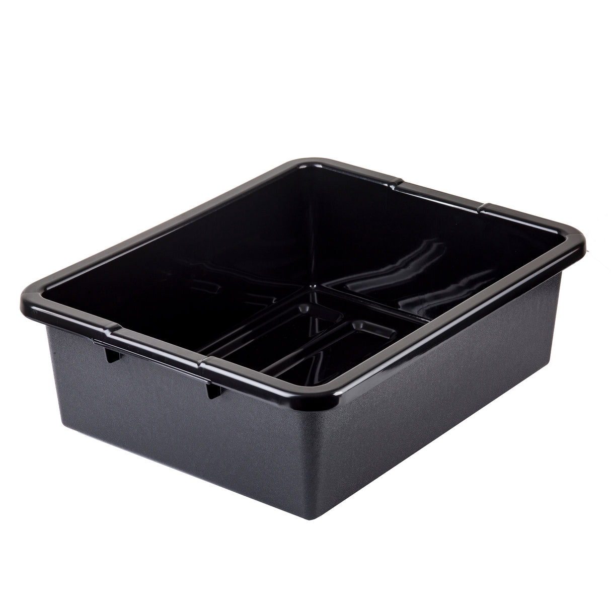 A rectangular, black plastic tote box with smooth sides and a shiny finish, featuring two molded divider lines at the bottom. The stackable tub has slightly rounded corners, reinforced edges, and is empty against a white background.