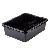 A rectangular, black plastic tote box with smooth sides and a shiny finish, featuring two molded divider lines at the bottom. The stackable tub has slightly rounded corners, reinforced edges, and is empty against a white background.