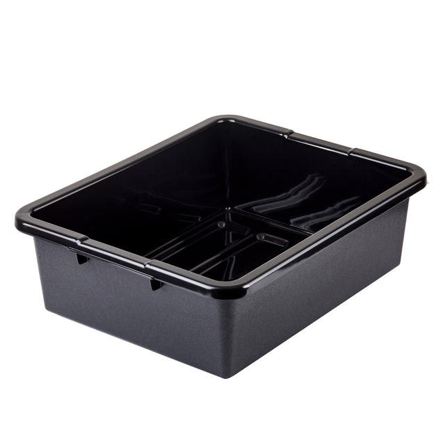 A rectangular, black plastic tote box with smooth sides and a shiny finish, featuring two molded divider lines at the bottom. The stackable tub has slightly rounded corners, reinforced edges, and is empty against a white background.