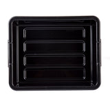 A black, rectangular heavy duty plastic tray with slightly raised edges and three horizontal ridges on the bottom. The stackable tray is photographed from above against a white background.