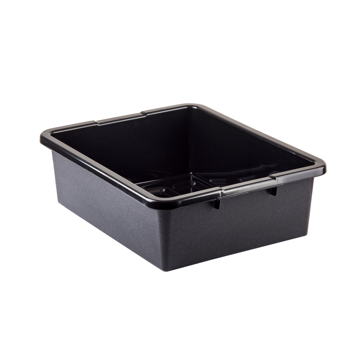 A black rectangular heavy duty plastic bus tub with slightly angled sides and a reinforced rim. The empty tote box sits on a white background, displaying its depth and smooth inner surface.