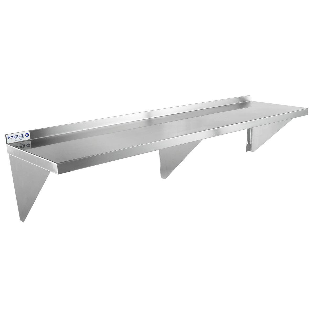 A stainless steel wall mount storage shelf with a smooth, flat surface, rear backsplash, and two sturdy triangular brackets. NSF certified and designed for industrial or commercial kitchens. The Empura brand label is visible on the left side.